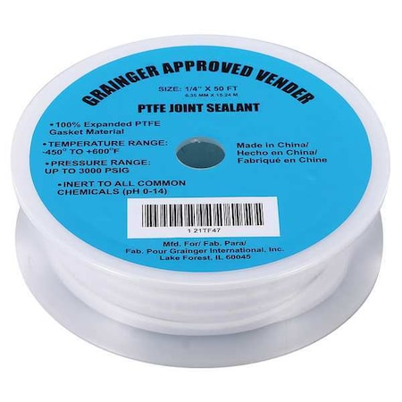 Zoro Select PTFE Joint Sealant, 1/4 x 50 Ft 21TF47