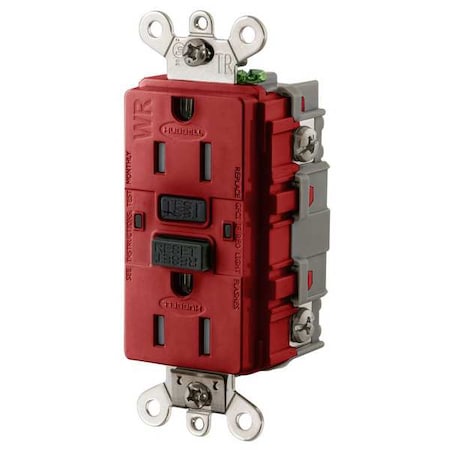 Hubbell Wiring Device-Kellems GFCI Receptacle, 15A, 125VAC, 5-15R, Red GFSG5262R