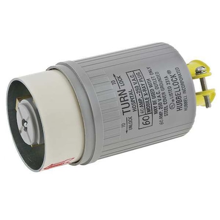 Hubbell Wiring Device-Kellems Locking Plug, Non-NEMA, 60 A, 250V AC, Single Phase, 2 Pole, Screw Terminals, Gray HBL25625