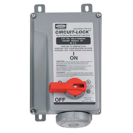 Hubbell Wiring Device-Kellems Mechanical Interlock, 600VAC, 100A HBL4100MI5W