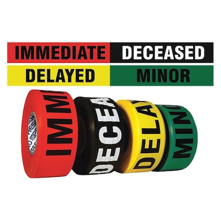 Zoro Select Flagging Tape, Deceased, Delayed, Immediate, Minor, Black, Green, Red, Yellow, 1 1/2 in Wide x CUMULTI-200