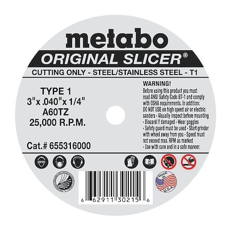 Metabo Abrasive Cut-Off Wheel, Type 1, 3 in Dia, 0.040 in Thick, 1/4 in Arbor Hole Size, Aluminum Oxide 655316000