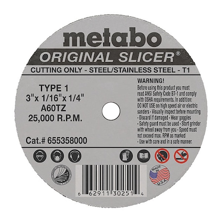 Metabo Abrasive Cut-Off Wheel, Type 1, 3 in Dia, 1/16 in Thick, 1/4 in Arbor Hole Size, Aluminum Oxide 655358000