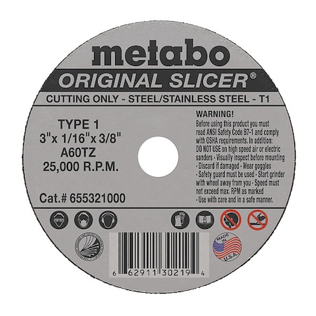 Metabo Abrasive Cut-Off Wheel, Type 1, 3 in Dia, 1/16 in Thick, 3/8 in Arbor Hole Size, Aluminum Oxide 655321000