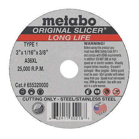 Metabo Abrasive Cut-Off Wheel, Type 1, 3 in Dia, 1/16 in Thick, 3/8 in Arbor Hole Size, Aluminum Oxide 655320000