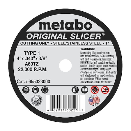 Metabo Abrasive Cut-Off Wheel, Type 1, 4 in Dia, 0.040 in Thick, 3/8 in Arbor Hole Size, Aluminum Oxide 655323000