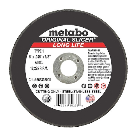 Metabo Abrasive Cut-Off Wheel, Type 1, 5 in Dia, 0.045 in Thick, 7/8 in Arbor Hole Size, Aluminum Oxide 655335000