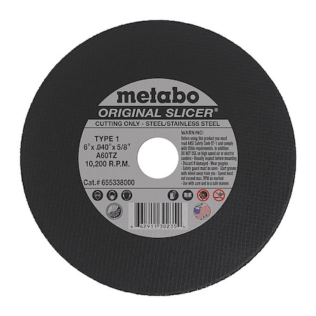 Metabo Abrasive Cut-Off Wheel, Type 1, 6 in Dia, 0.040 in Thick, 5/8 in Arbor Hole Size, Aluminum Oxide 655338000