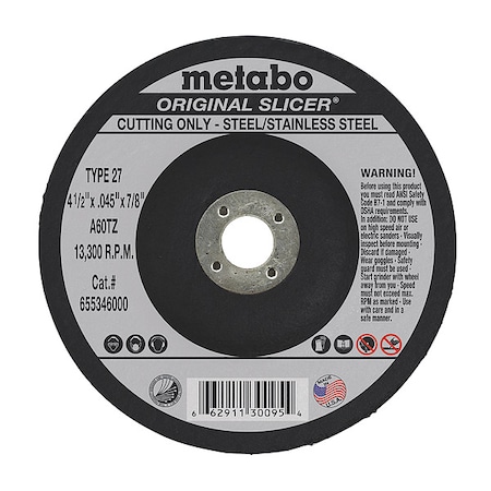 Metabo Abrasive Cut-Off Wheel, Type 27, 4-1/2 in Dia, 0.045 in Thick, 7/8 in Arbor Hole Size, A60TZ Series 655346000