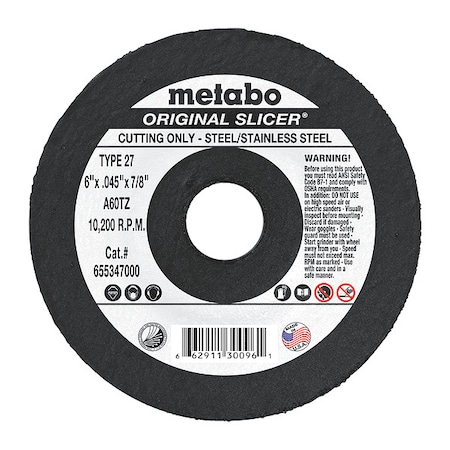 Metabo Abrasive Cut-Off Wheel, Type 27, 6 in Dia, 0.045 in Thick, 7/8 in Arbor Hole Size, Aluminum Oxide 655347000