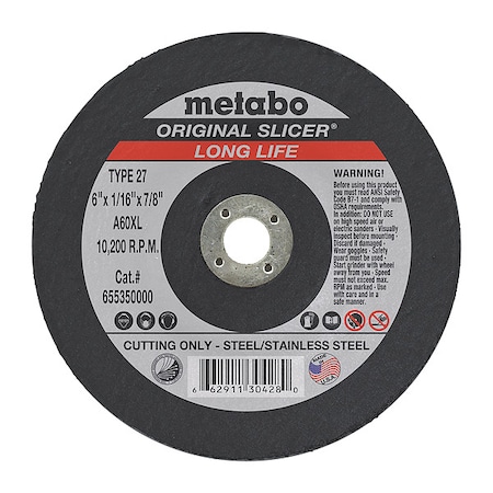 Metabo Abrasive Cut-Off Wheel, Type 27, 6 in Dia, 1/16 in Thick, 7/8 in Arbor Hole Size, Aluminum Oxide 655350000