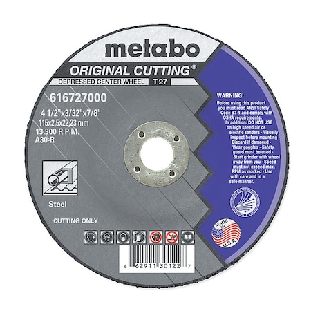 METABO Cutting Wheel, T27, A30R, 4.5"X3/32"X7/8" US616727000