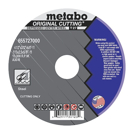 Metabo Abrasive Cut-Off Wheel, Type 27, 4-1/2 in Dia, 3/32 in Thick, 5/8 in-11 Arbor Hole Size, A30R Series 655727000