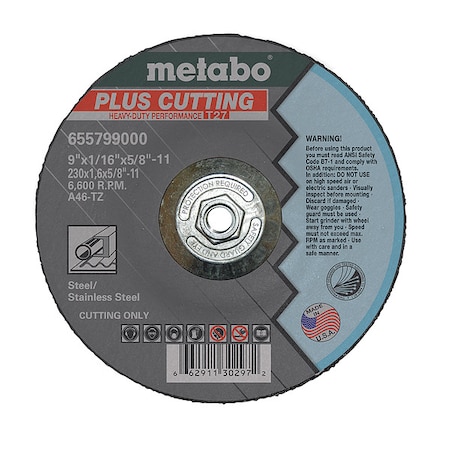 Metabo Abrasive Cut-Off Wheel, Type 27, 9 in Dia, 1/16 in Thick, 5/8 in-11 Arbor Hole Size, Aluminum Oxide 655799000