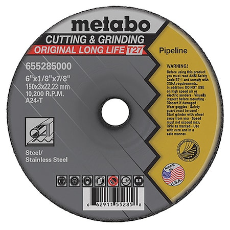 Metabo Pipeline Wheel, T27, A24T, 6"X1/8"X7/8" 655285000