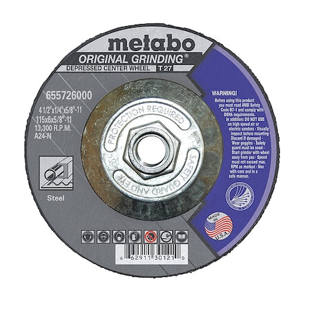 Metabo Grinding Wheel, T27, A24N, 4.5X1/4"X5/8"-11 655726000
