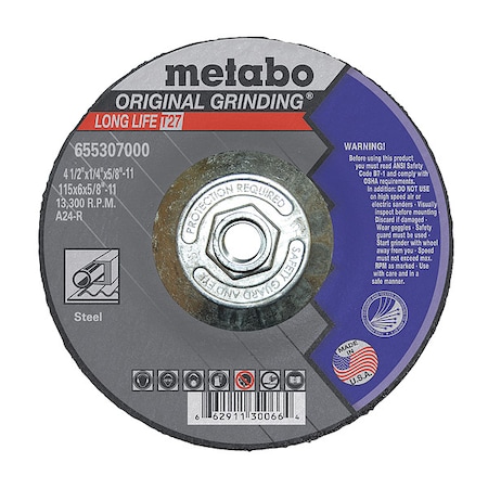 Metabo Grinding Wheel, T27, A24R, 4.5X1/4"X5/8"-11 655307000