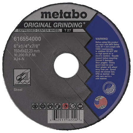 Metabo Grinding Wheel, T27, A24N, 6"X1/4"X7/8" US616554000