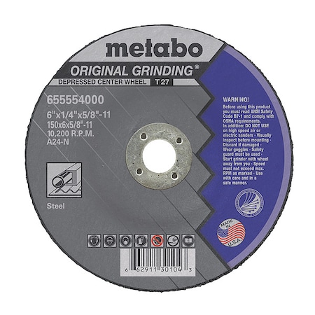 Metabo Grinding Wheel, T27, A24N, 6"X1/4"X5/8"-11 655554000