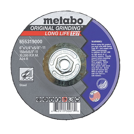 Metabo Grinding Wheel, T27, A24R, 6"X1/4"X5/8"-11 655319000