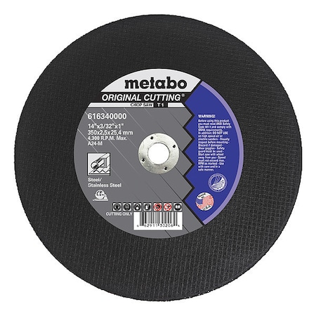 Metabo Abrasive Cut-Off Wheel, Type 1, 14 in Dia, 3/32 in Thick, 1 in Arbor Hole Size, Aluminum Oxide 616340000
