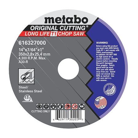 Metabo Abrasive Cut-Off Wheel, Type 1, 14 in Dia, 7/64 in Thick, 1 in Arbor Hole Size, Aluminum Oxide US616327000