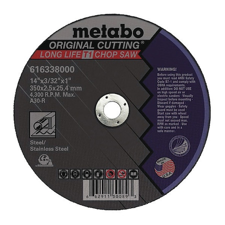 Metabo Abrasive Cut-Off Wheel, Type 1, 12 in Dia, 1/8 in Thick, 20 mm Arbor Hole Size, Aluminum Oxide US616136000