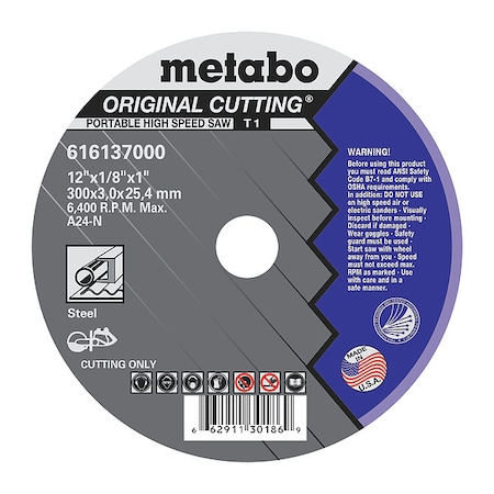 Metabo Abrasive Cut-Off Wheel, Type 1, 12 in Dia, 1/8 in Thick, 1 in Arbor Hole Size, Aluminum Oxide US616137000