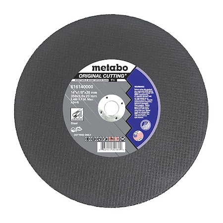 Metabo Abrasive Cut-Off Wheel, Type 1, 14 in Dia, 1/8 in Thick, 20 mm Arbor Hole Size, Aluminum Oxide 616140000