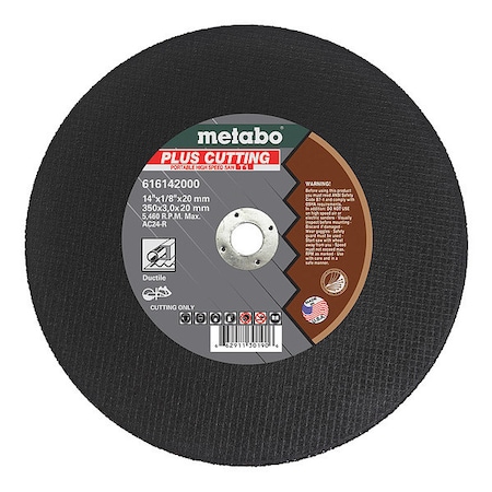 Metabo Abrasive Cut-Off Wheel, Type 1, 14 in Dia, 1/8 in Thick, 1 in Arbor Hole Size, Aluminum Oxide 616149000