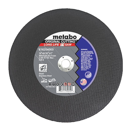 Metabo Abrasive Cut-Off Wheel, Type 1, 16 in Dia, 5/32 in Thick, 1 in Arbor Hole Size, Aluminum Oxide US616204000