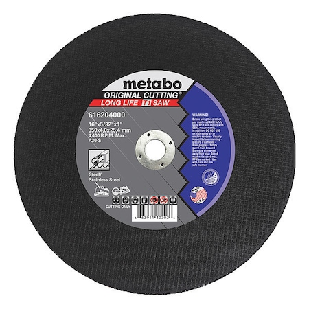 Metabo Abrasive Cut-Off Wheel, Type 1, 20 in Dia, 3/16 in Thick, 1 in Arbor Hole Size, Aluminum Oxide 616367000
