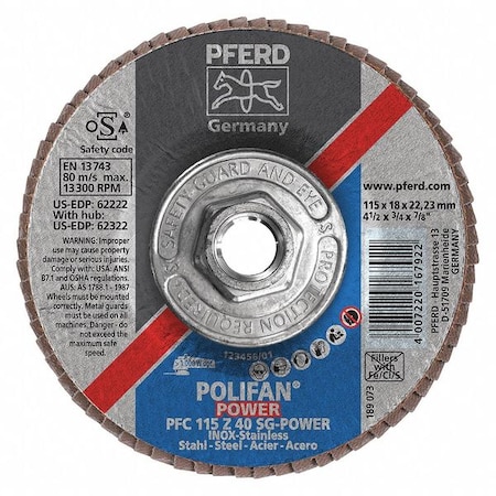 Pferd 4-1/2" x 5/8-11 Thd. POLIFAN Flap Disc - Z SG POWER STEELOX, Zirconia, 40 Grit, Conical 62322