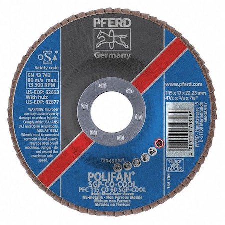 Pferd 4-1/2" x 7/8" A.H. POLIFAN Flap Disc - CO-COOL SG STEELOX, Ceramic oxide, 60 Grit, Conical 62653