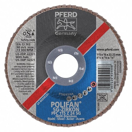 Pferd Flap Disc, 24 Grit, T29, 4-1/2"x7/8" 62221