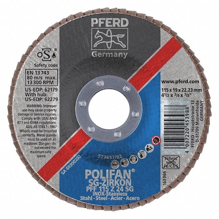 Pferd Flap Disc, 24 Grit, T27, 4-1/2"x7/8" 62179