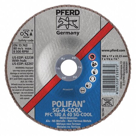Pferd Flap Disc, A-Cool, 40 Grit, T29, 7"x7/8" 62238