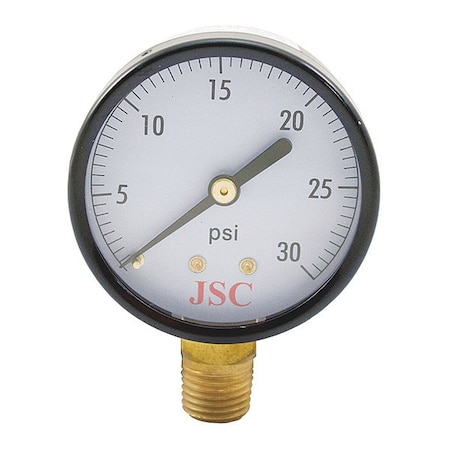 Jones Stephens Pressure Gauge, 30 PSI , 2" Face, 2 In. Dial, 1/4 in MIP MIP, Lower Location, Steel Case Material G60030