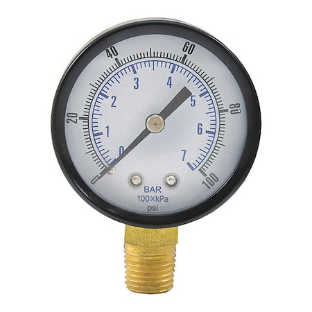 Jones Stephens Pressure Gauge, 100 PSI, 2" Face, 1/4 in MIP MIP, Lower Location, Steel Case Material G60100