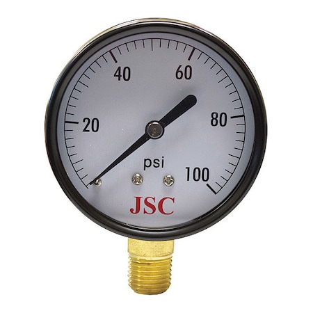 Jones Stephens Pressure Gauge, 100 PSI, 2-1/2" Face, 1/4 in MIP Lower Location, Steel Case Material G61100