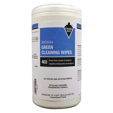 TOUGH GUY Green Cleaning Wipes, White, Canister, Biodegradable, 50 Wipes, 6 in x 10-1/2 in, Unscented, 6 PK 22CK44