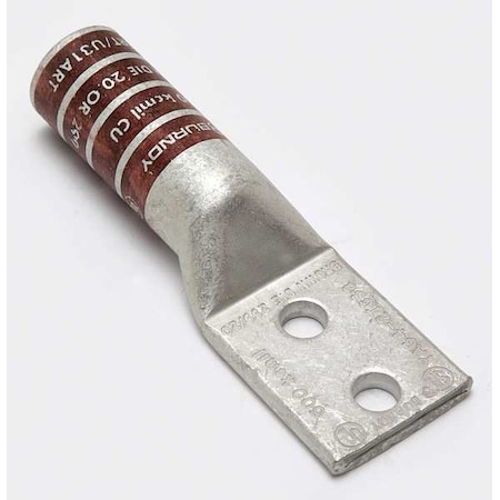 Burndy Two-Hole Compression Lug, 500 kcmil Max, 3/8 in Stud, Long Barrel, Copper, Brown YA342TC38