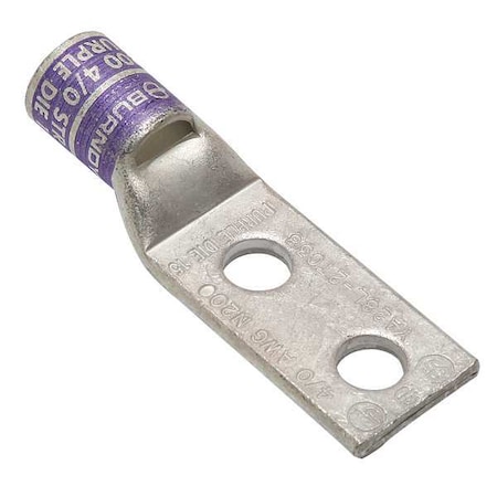 Burndy Two-Hole Compression Lug, 4/0 AWG Max, 3/8 in Stud, Standard Barrel, Copper, Purple YA28L2TC38