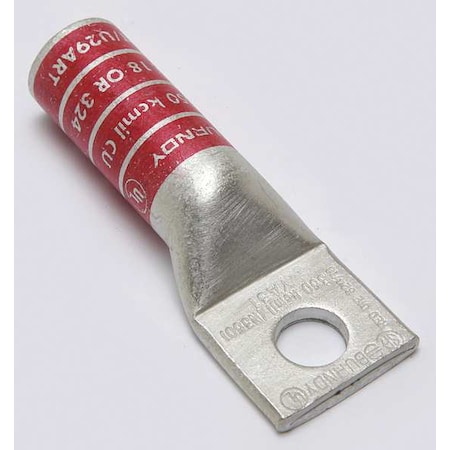 Burndy One-Hole Compression Lug, 350 kcmil Max, 1/2 in Stud, Long Barrel, Copper, Red YA31
