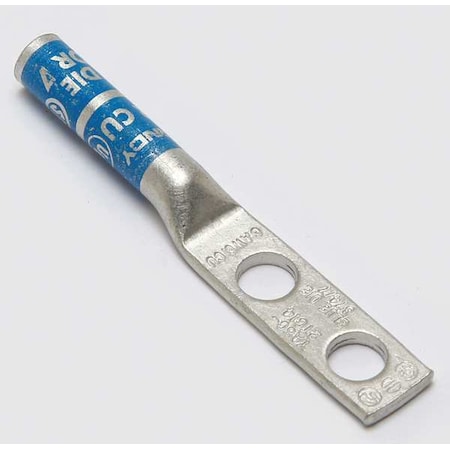 Burndy Two-Hole Compression Lug, 6 AWG Max, 1/4 in Stud, Long Barrel, Copper, Blue YA6C2TC14