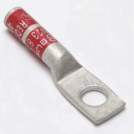 Burndy One-Hole Compression Lug, 8 AWG Max, 1/4 in Stud, Long Barrel, Copper, Red YA8CTC14