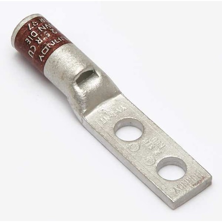 Burndy Two-Hole Compression Lug, 2 AWG Max, 1/4 in Stud, Standard Barrel, Copper, Brown YA2CL2NT14
