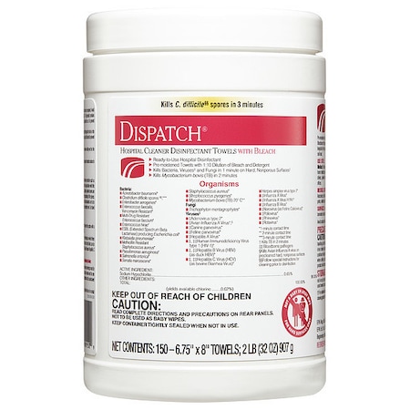Dispatch Disinfecting Wipes, 7 x 8", 150 Wipes, PK8 69150