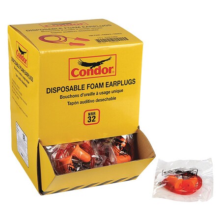 Condor Condor Disposable Foam Ear Plugs, Bullet Shape, 32 dB, Orange, 100 PK 22ED81