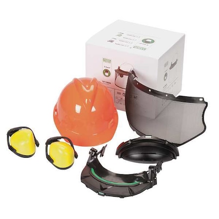 hard hat with face shield and ear protection